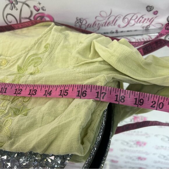 Long sleeve shirt Embroidered Green Top floral flowers paisley button down - Picture 10 of 11